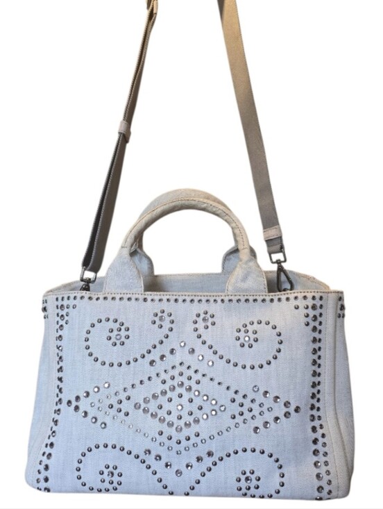 Prada Handbags - Prada Crystal Studded Lg Canapa Denim Tote w/ Card & Crossbody Strap in EUC